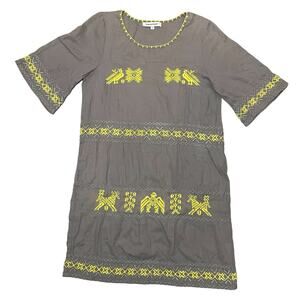 Nina Kaufmann Embroidered Dress Boho Festival Gray Neon Yellow - Size Small